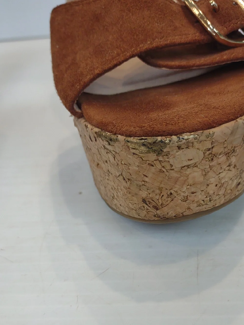 Dolce Vita Hazelwood Brown Suede Cork Wedge Slide with Gold-Tone Buckle Detail